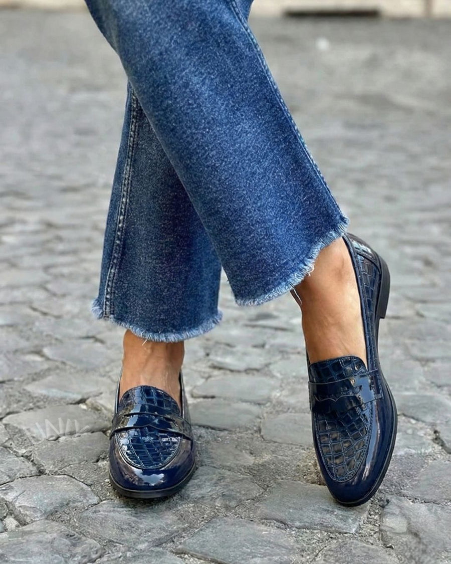 Mocassins penny effet crocodile élégants Bleu Marine en cuir PU verni