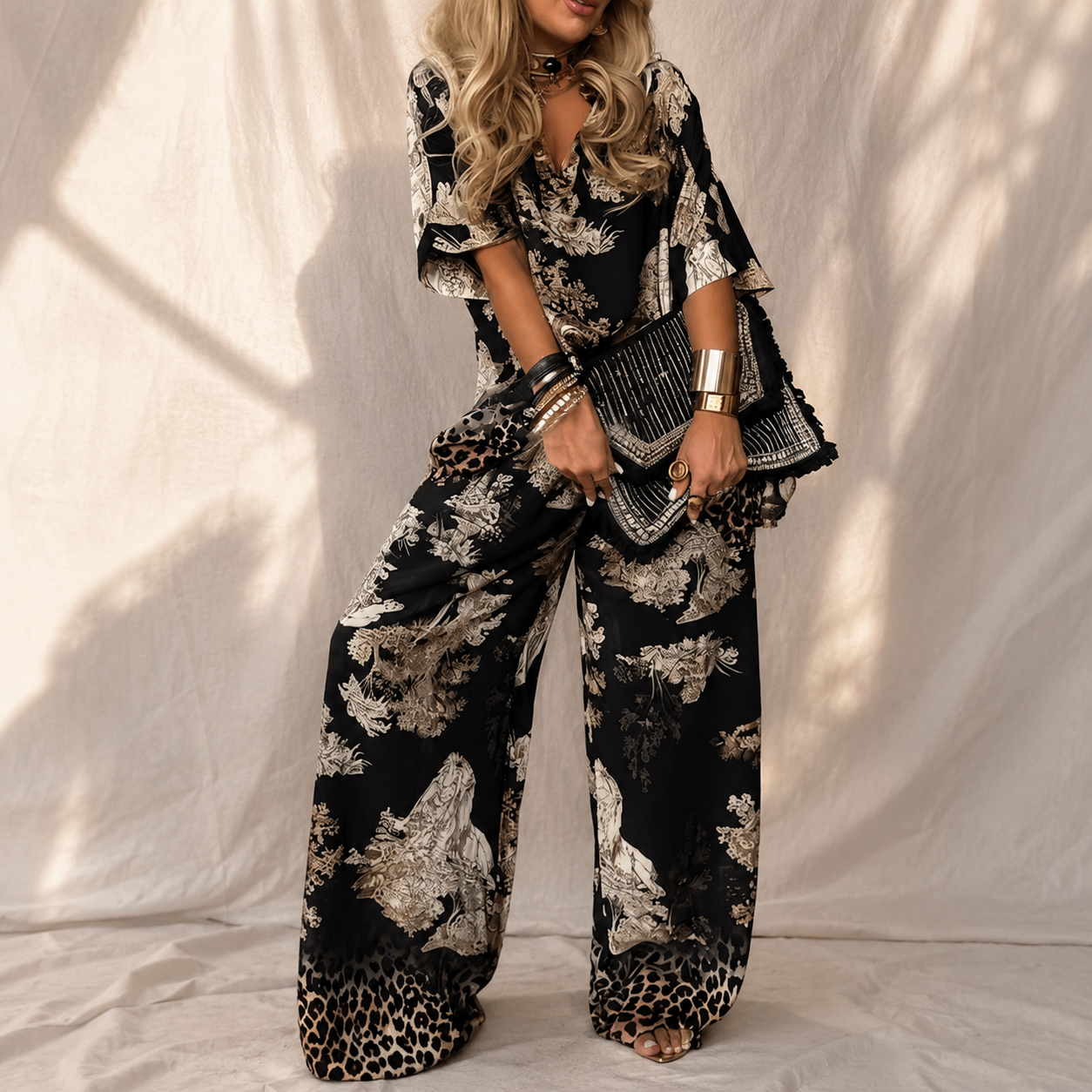 Ensemble Élégant Imprimé – Haut à Col V & Pantalon Fluide