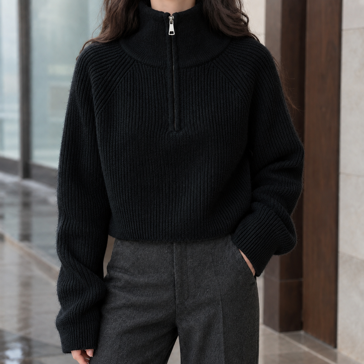 Rosalie | Pull demi-zip en laine côtelée pour femme