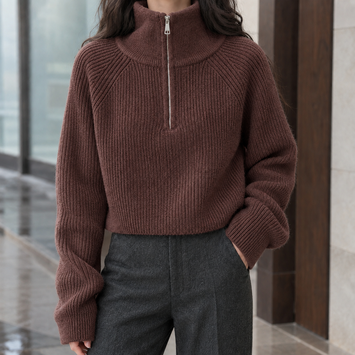 Rosalie | Pull demi-zip en laine côtelée pour femme