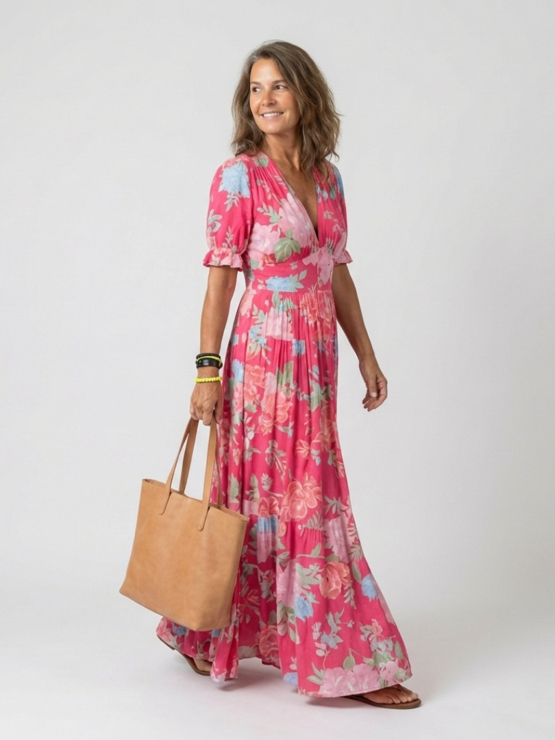 Robe midi à fleurs à manches courtes Ione