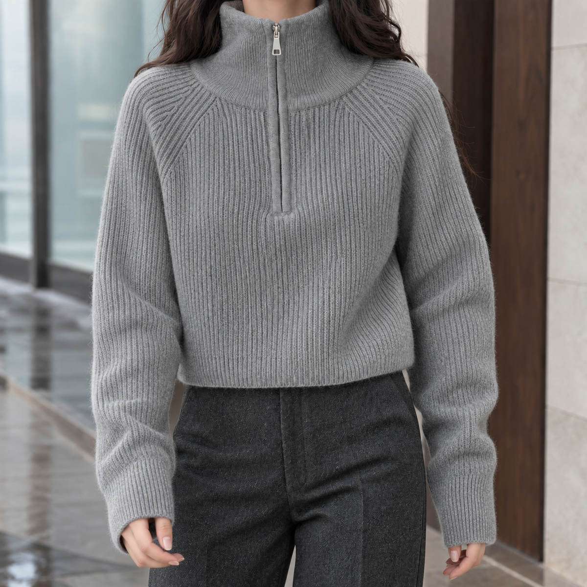 Rosalie | Pull demi-zip en laine côtelée pour femme