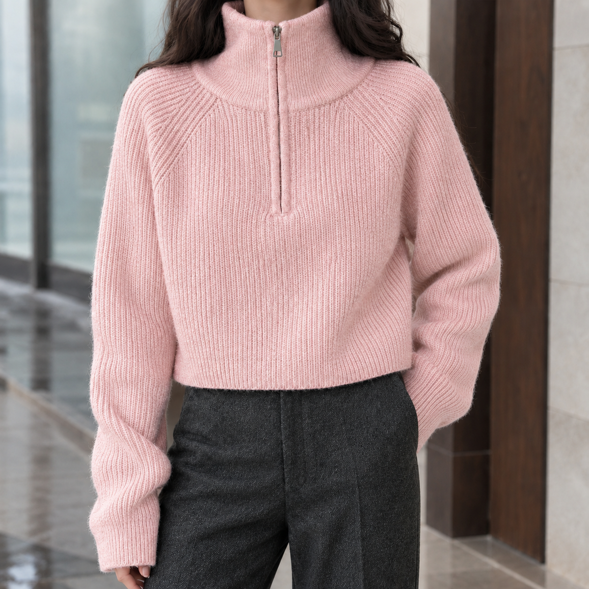 Rosalie | Pull demi-zip en laine côtelée pour femme