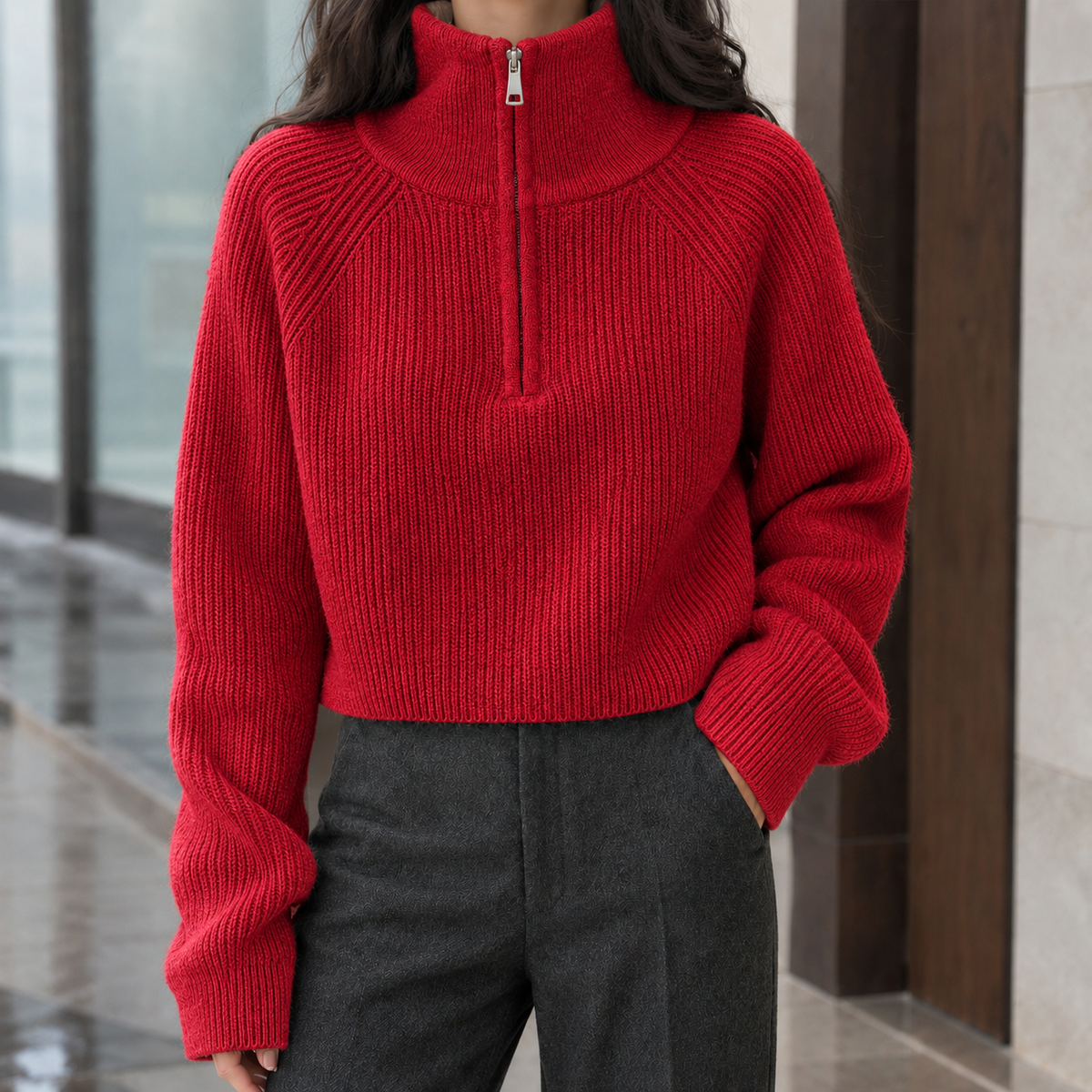 Rosalie | Pull demi-zip en laine côtelée pour femme
