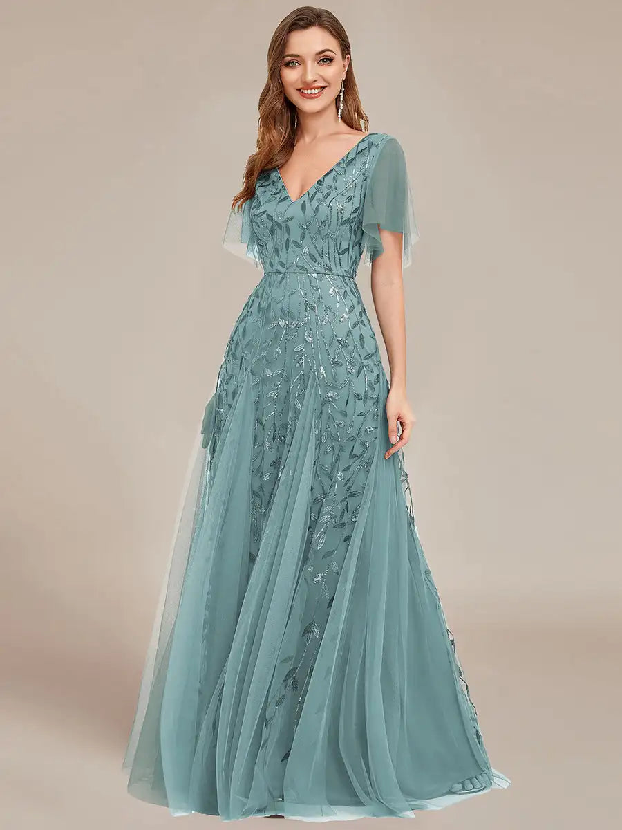 Tessa | Robe de Soirée avec Manches Volantes en Sequins