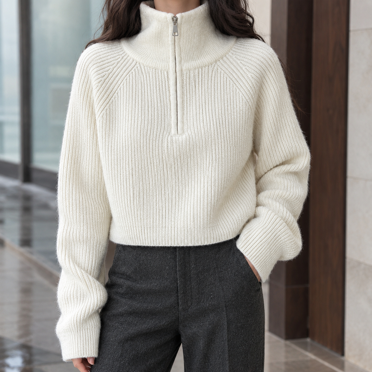 Rosalie | Pull demi-zip en laine côtelée pour femme