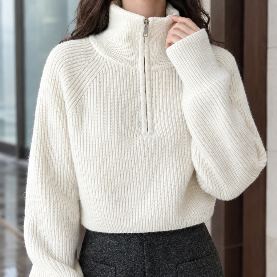 Rosalie | Pull demi-zip en laine côtelée pour femme