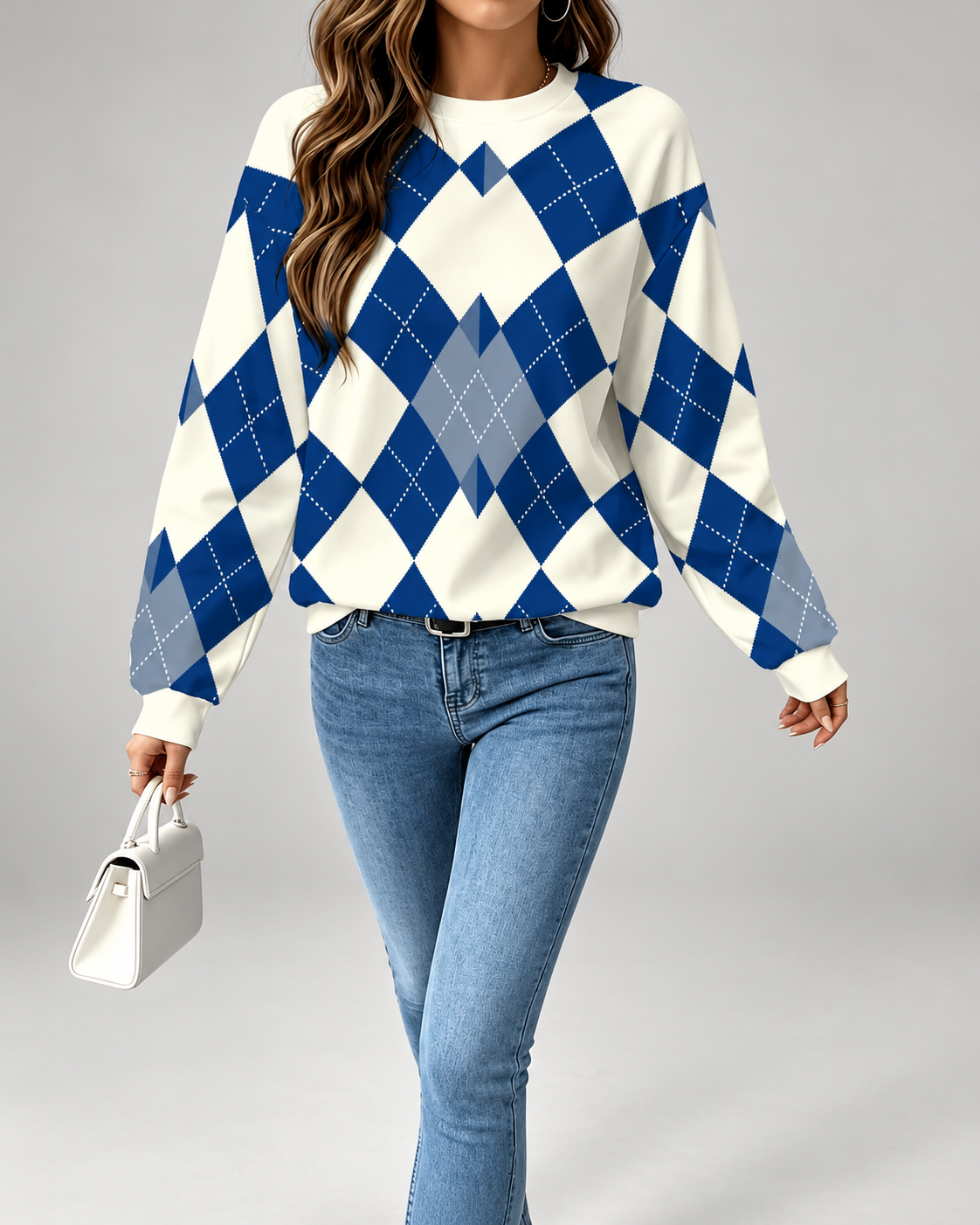 Pull femme argyle à col rond