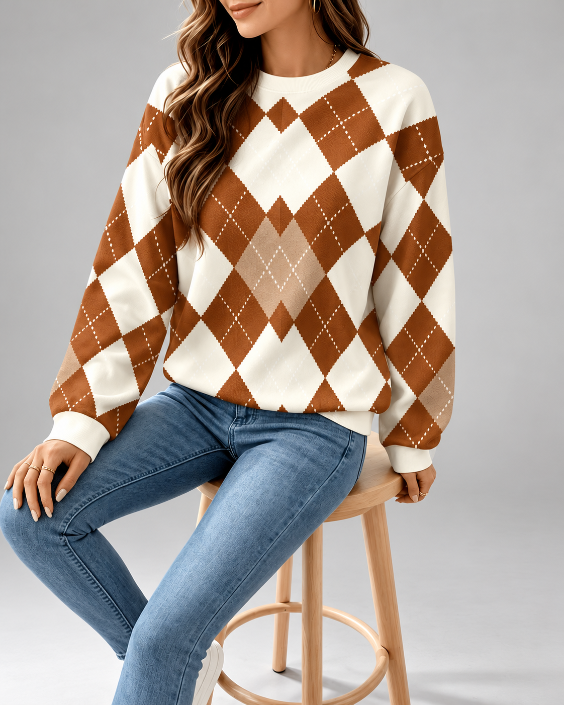 Pull femme argyle à col rond