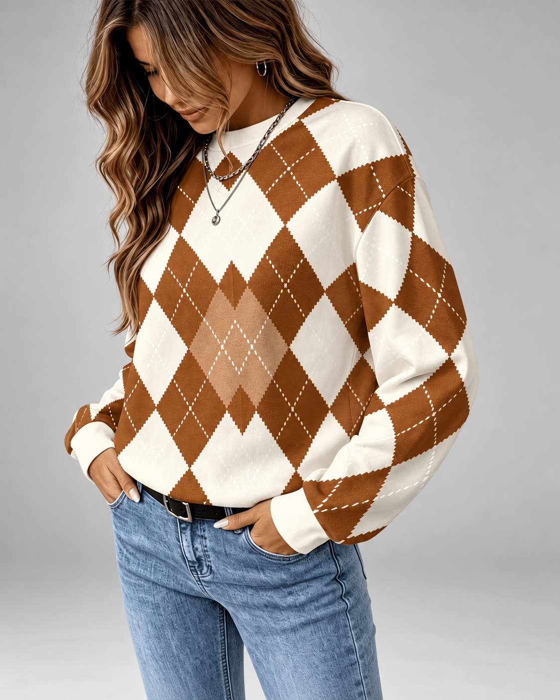 Pull femme argyle à col rond