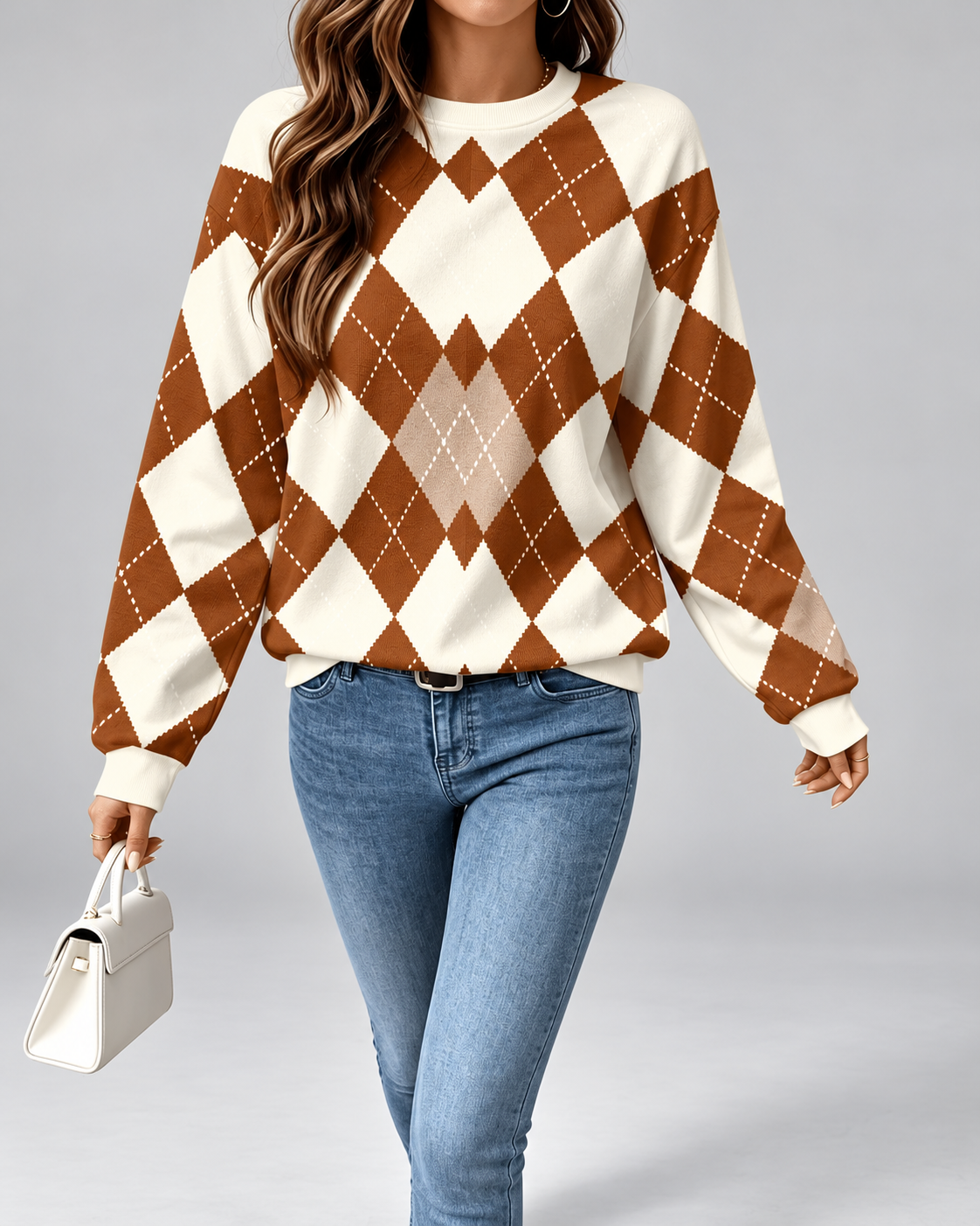 Pull femme argyle à col rond