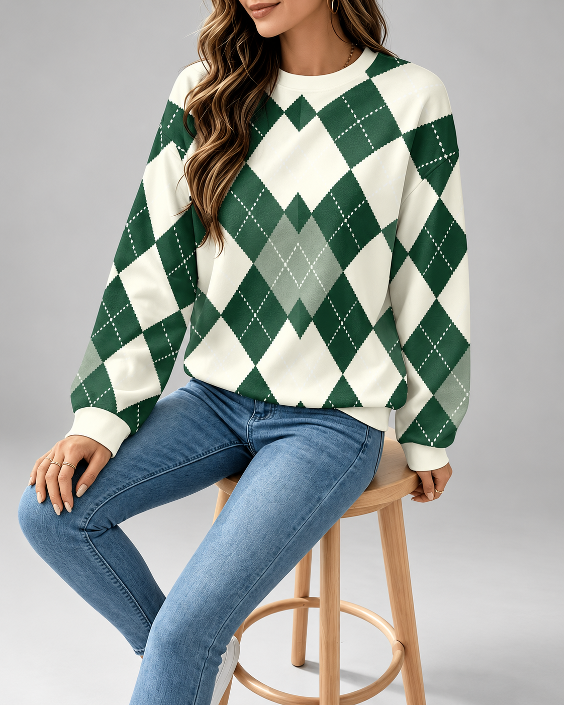 Pull femme argyle à col rond