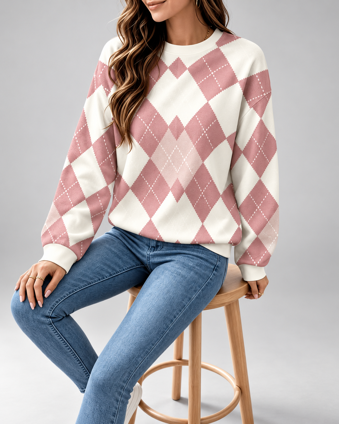 Pull femme argyle à col rond