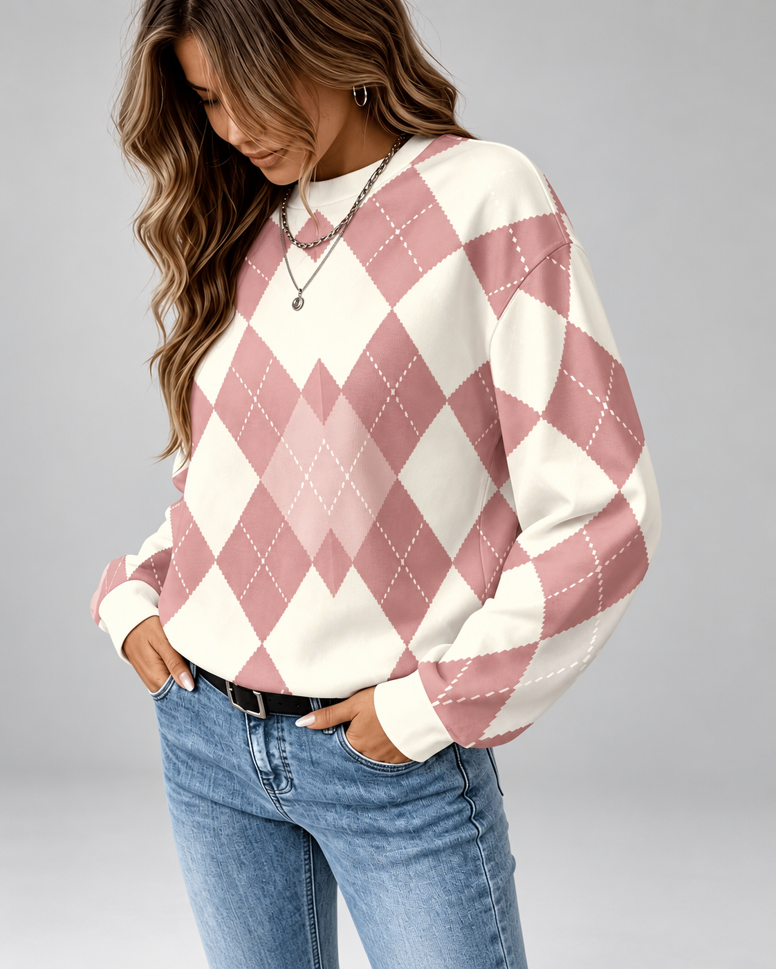 Pull femme argyle à col rond