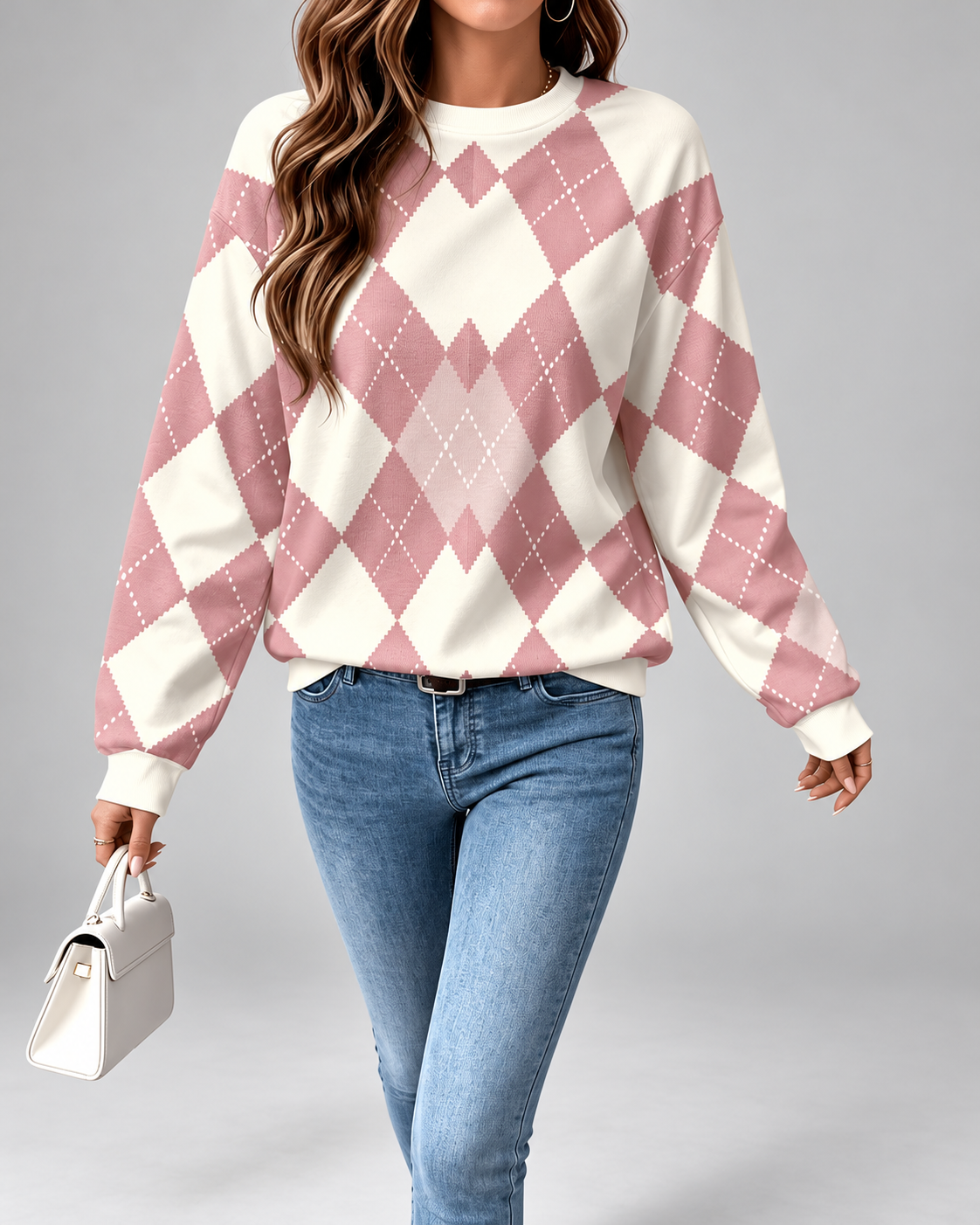 Pull femme argyle à col rond