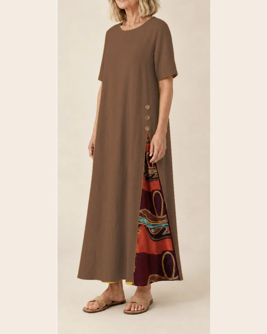 Maurene – Marron | Robe longue décontractée effet lin
