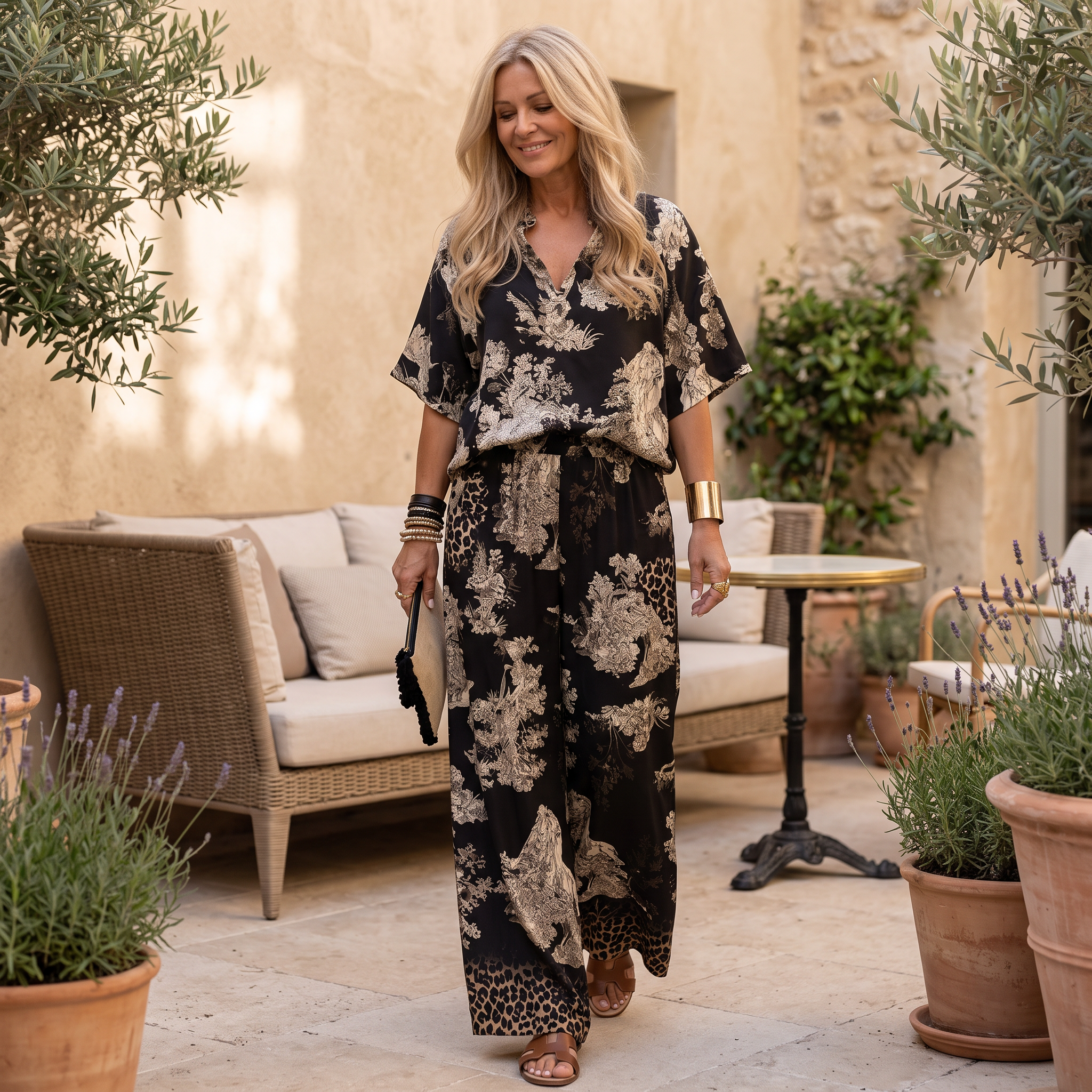 Ensemble Élégant Imprimé – Haut à Col V & Pantalon Fluide