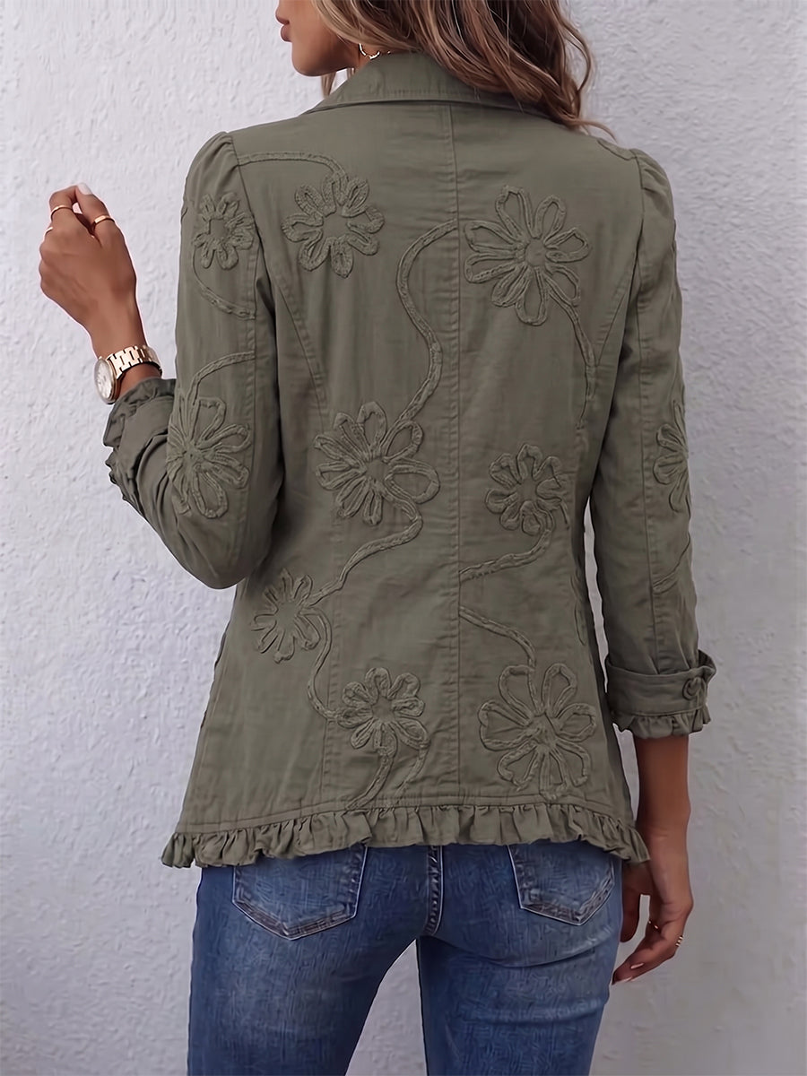 Alessandra | Veste Bohème Chic Brodée à Fleurs Vert Rétro à Volants