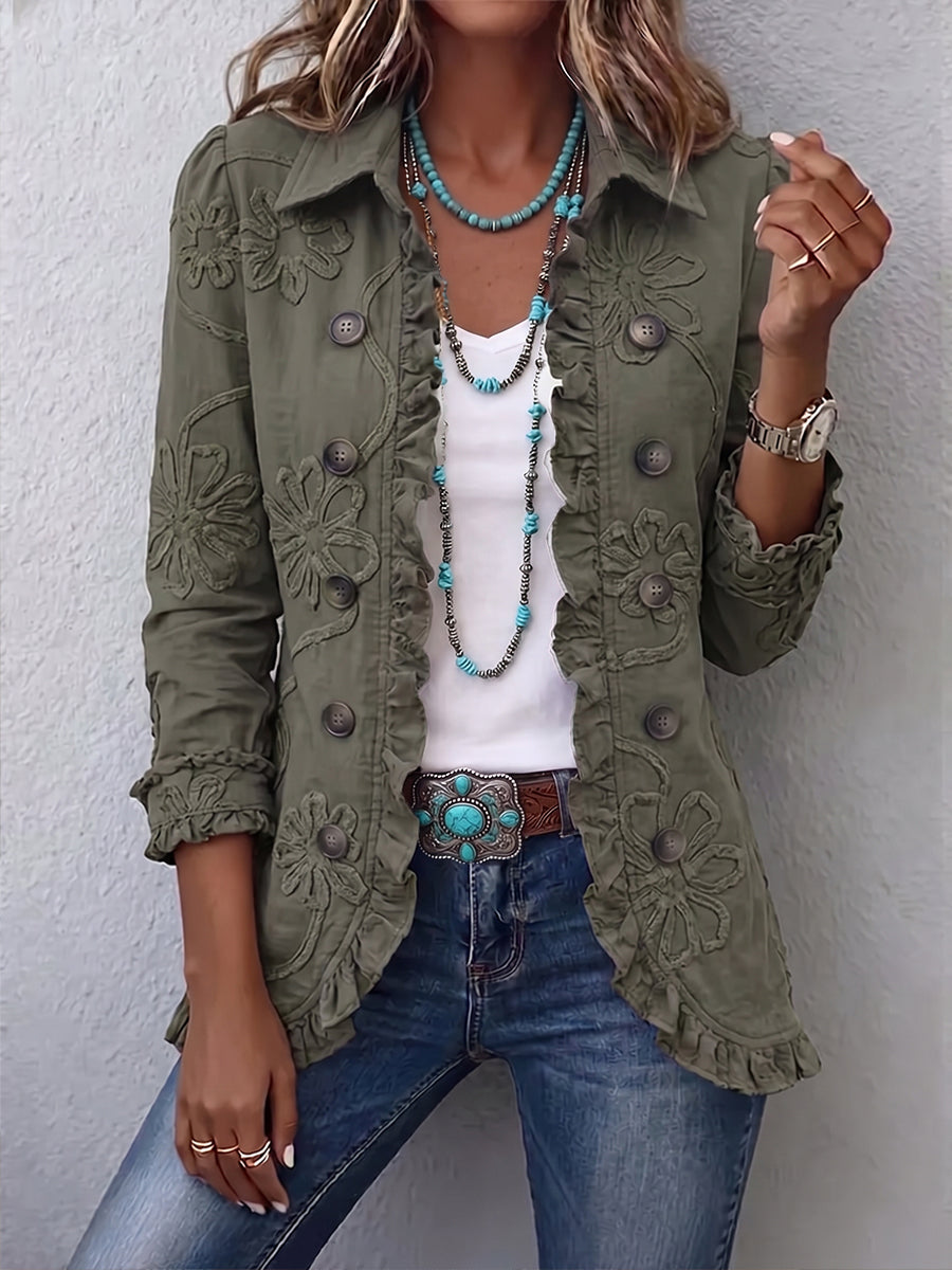 Alessandra | Veste Bohème Chic Brodée à Fleurs Vert Rétro à Volants