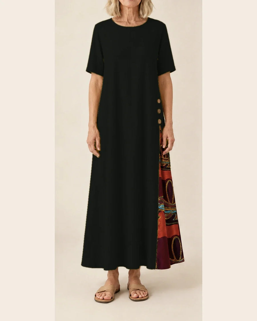 Maurene – Noir | Robe longue décontractée effet lin